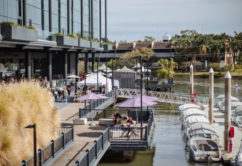 Boats moored at the Breakfast Creek Lifestyle Precinct