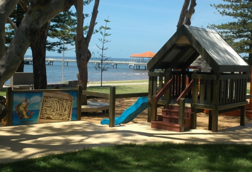 playground equipment right on the bay in Rotary Park Playground in Redcliffe